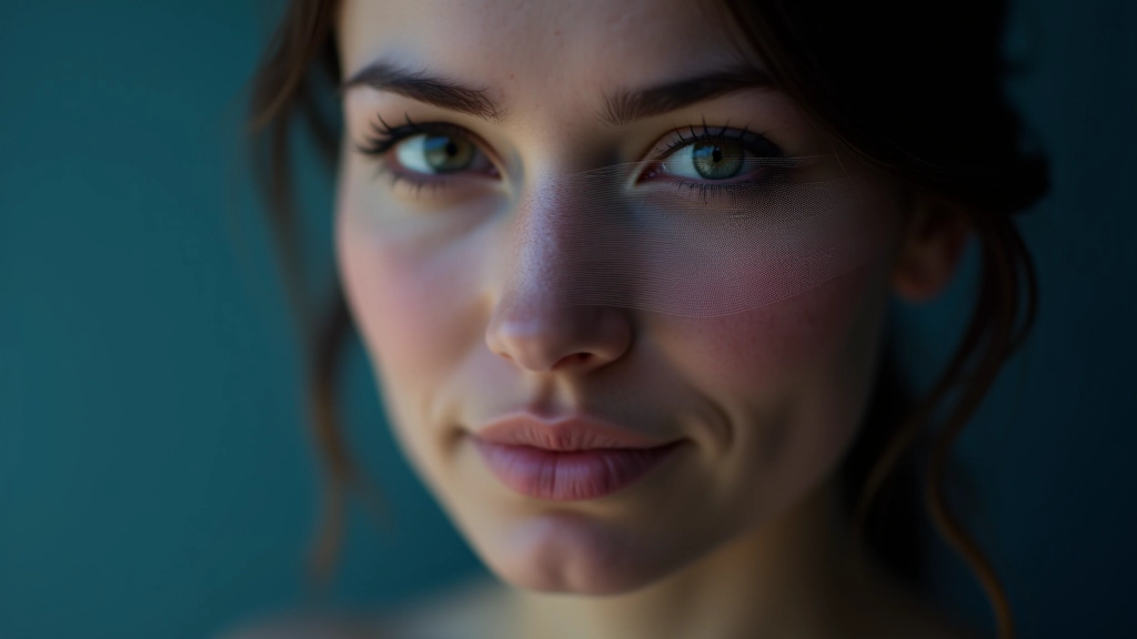Volto di una donna illuminato da tecnologia biometrica, scansione facciale moderna