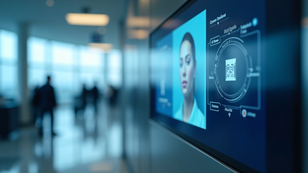 Schermo di controllo biometrico in aeroporto con interfaccia di riconoscimento facciale e conferma di identità