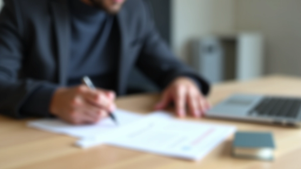 Persona che firma un documento di consenso legale davanti a un computer, con moduli e penna su scrivania di legno