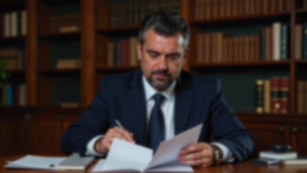 Avvocato o professionista legale che studia documenti normativi su una scrivania con biblioteca sullo sfondo